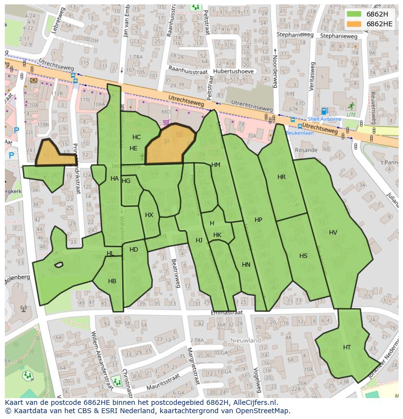 Afbeelding van het postcodegebied 6862 HE op de kaart.