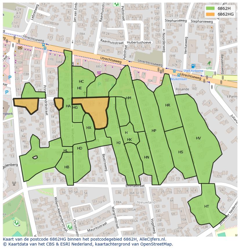 Afbeelding van het postcodegebied 6862 HG op de kaart.