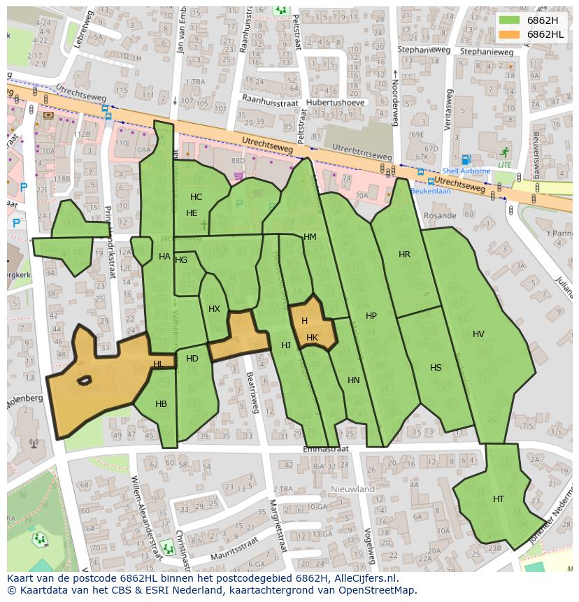 Afbeelding van het postcodegebied 6862 HL op de kaart.