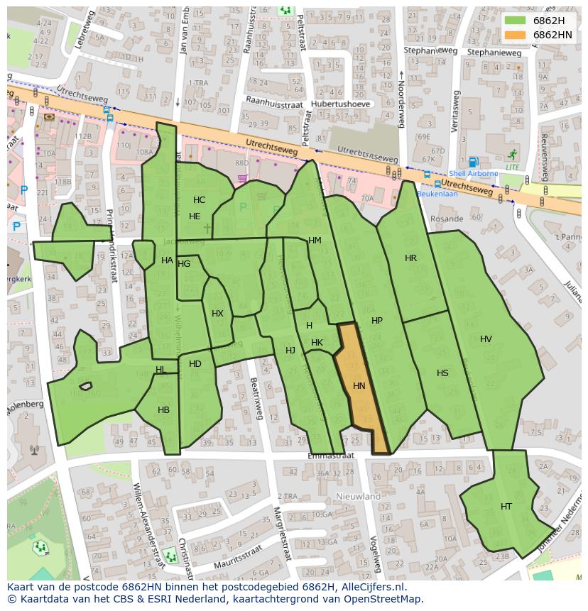 Afbeelding van het postcodegebied 6862 HN op de kaart.