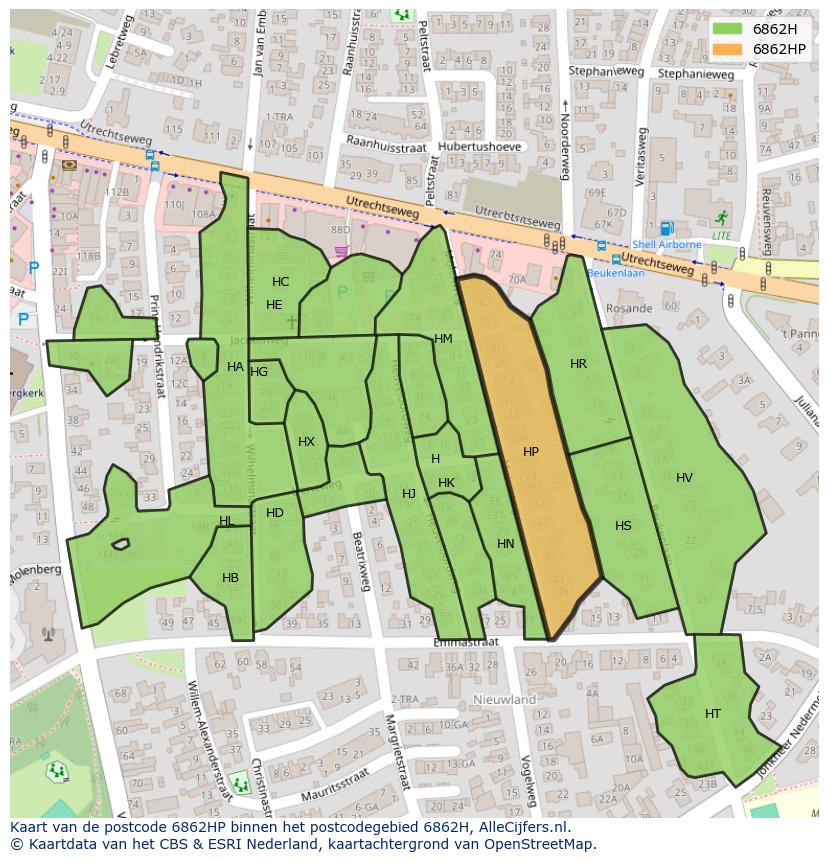 Afbeelding van het postcodegebied 6862 HP op de kaart.