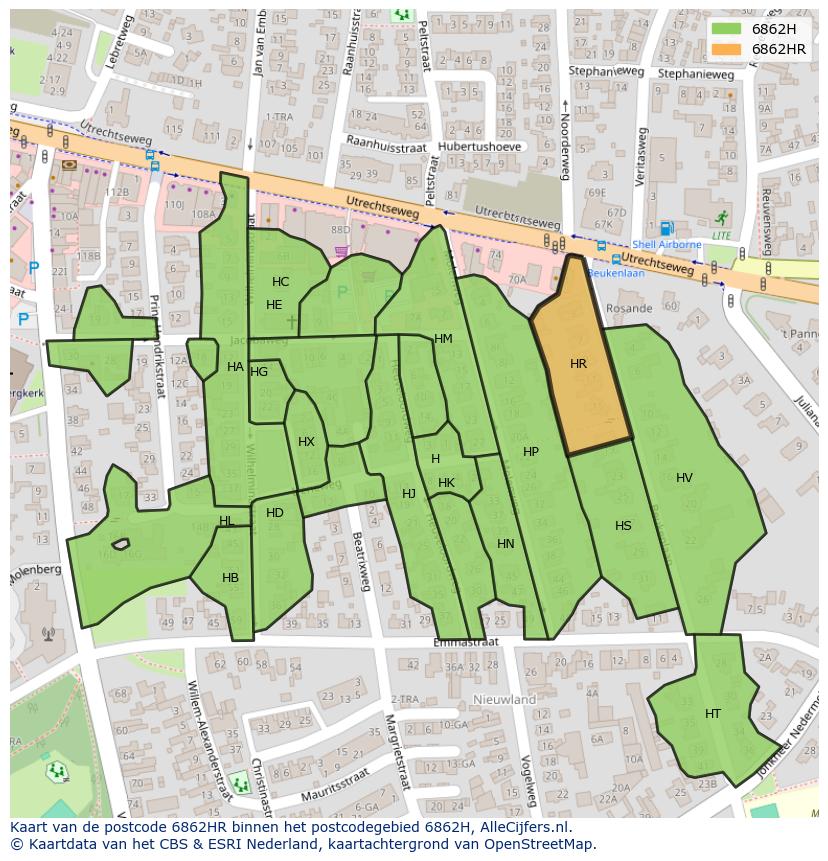 Afbeelding van het postcodegebied 6862 HR op de kaart.
