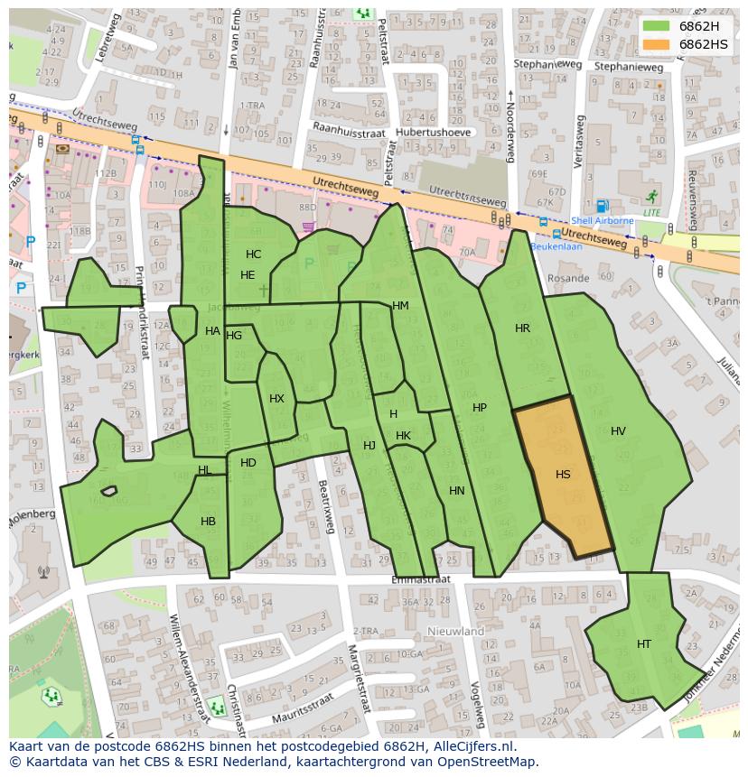 Afbeelding van het postcodegebied 6862 HS op de kaart.