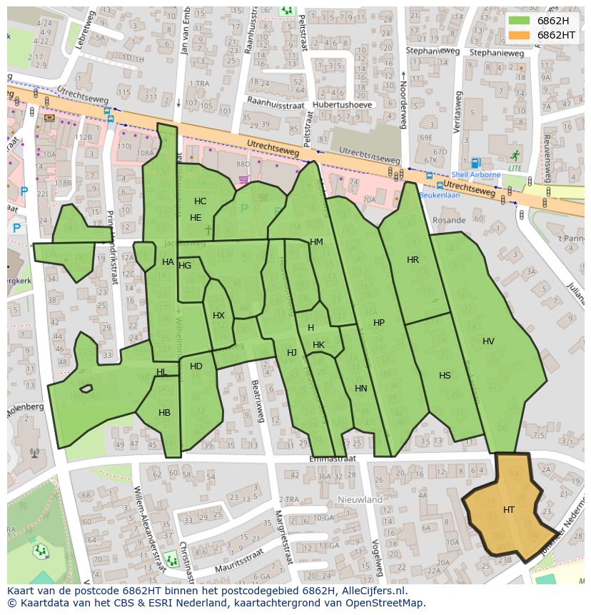 Afbeelding van het postcodegebied 6862 HT op de kaart.