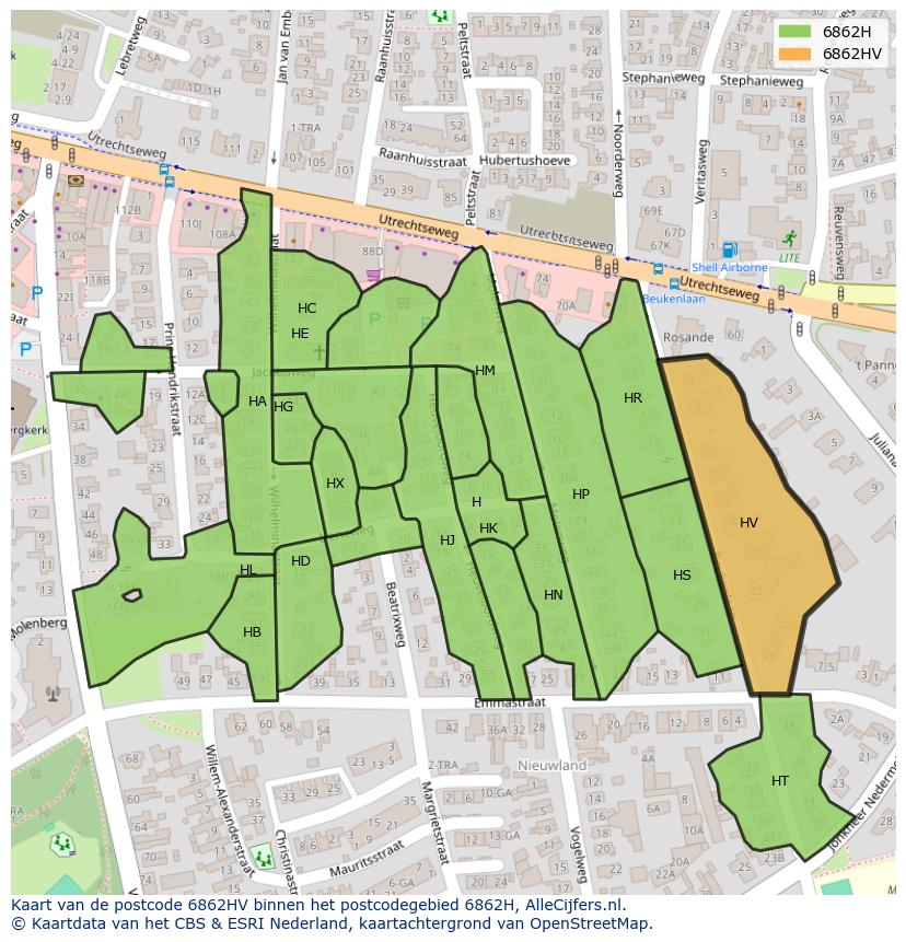 Afbeelding van het postcodegebied 6862 HV op de kaart.
