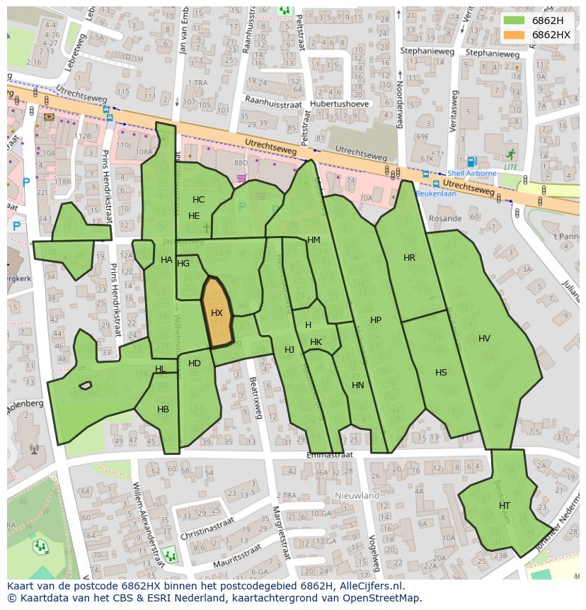 Afbeelding van het postcodegebied 6862 HX op de kaart.