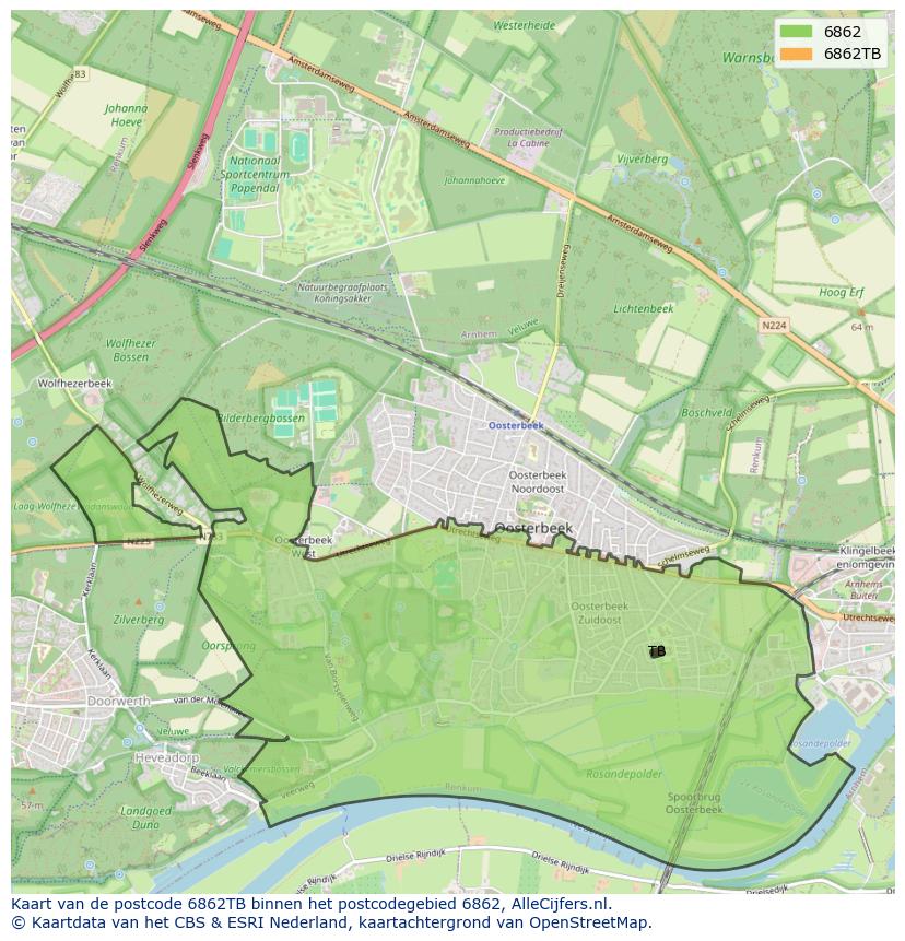 Afbeelding van het postcodegebied 6862 TB op de kaart.