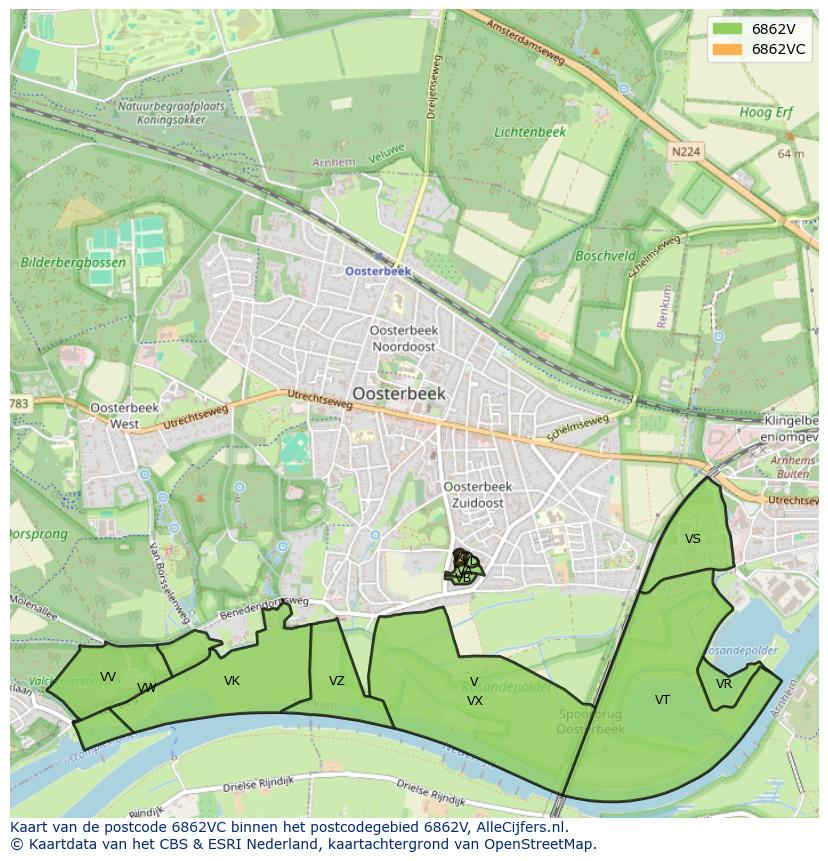 Afbeelding van het postcodegebied 6862 VC op de kaart.