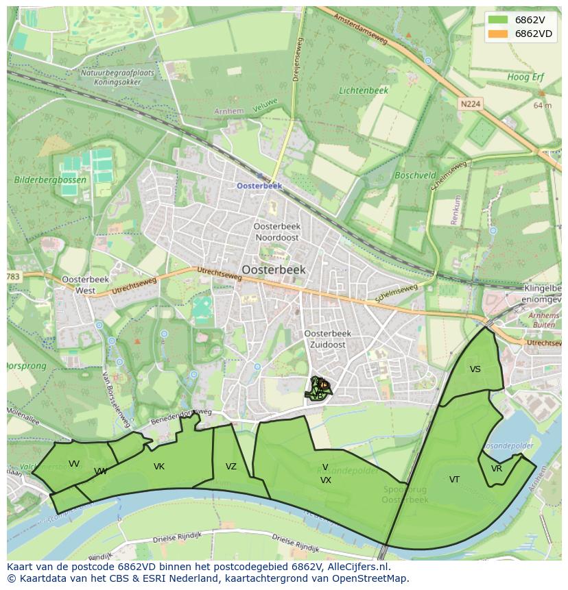 Afbeelding van het postcodegebied 6862 VD op de kaart.