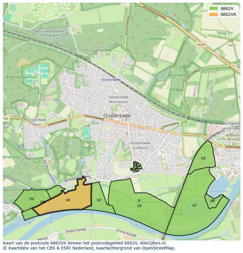 Afbeelding van het postcodegebied 6862 VK op de kaart.