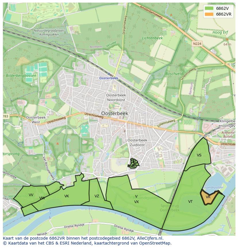 Afbeelding van het postcodegebied 6862 VR op de kaart.