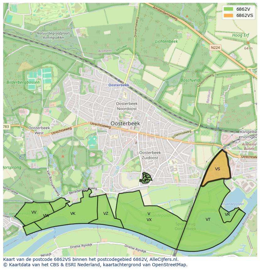 Afbeelding van het postcodegebied 6862 VS op de kaart.
