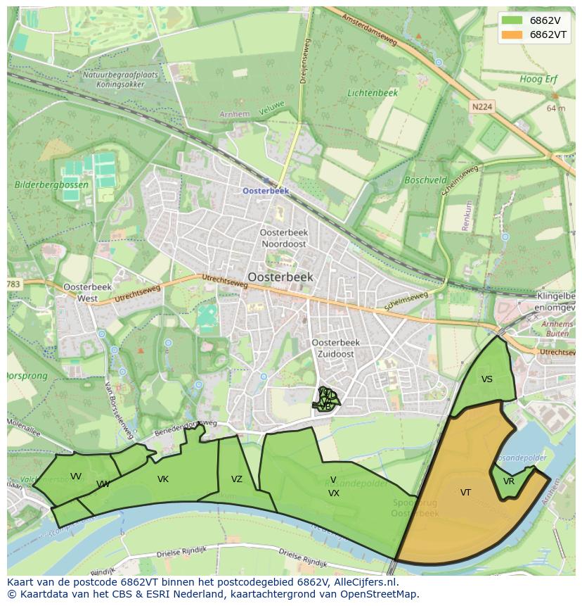 Afbeelding van het postcodegebied 6862 VT op de kaart.
