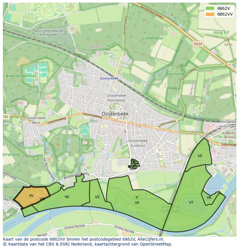 Afbeelding van het postcodegebied 6862 VV op de kaart.