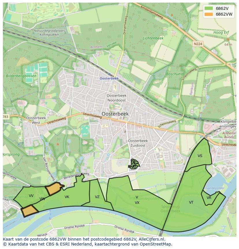 Afbeelding van het postcodegebied 6862 VW op de kaart.