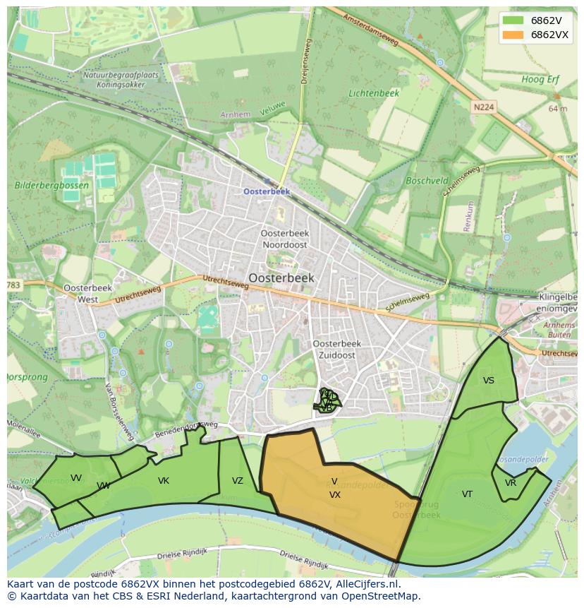 Afbeelding van het postcodegebied 6862 VX op de kaart.