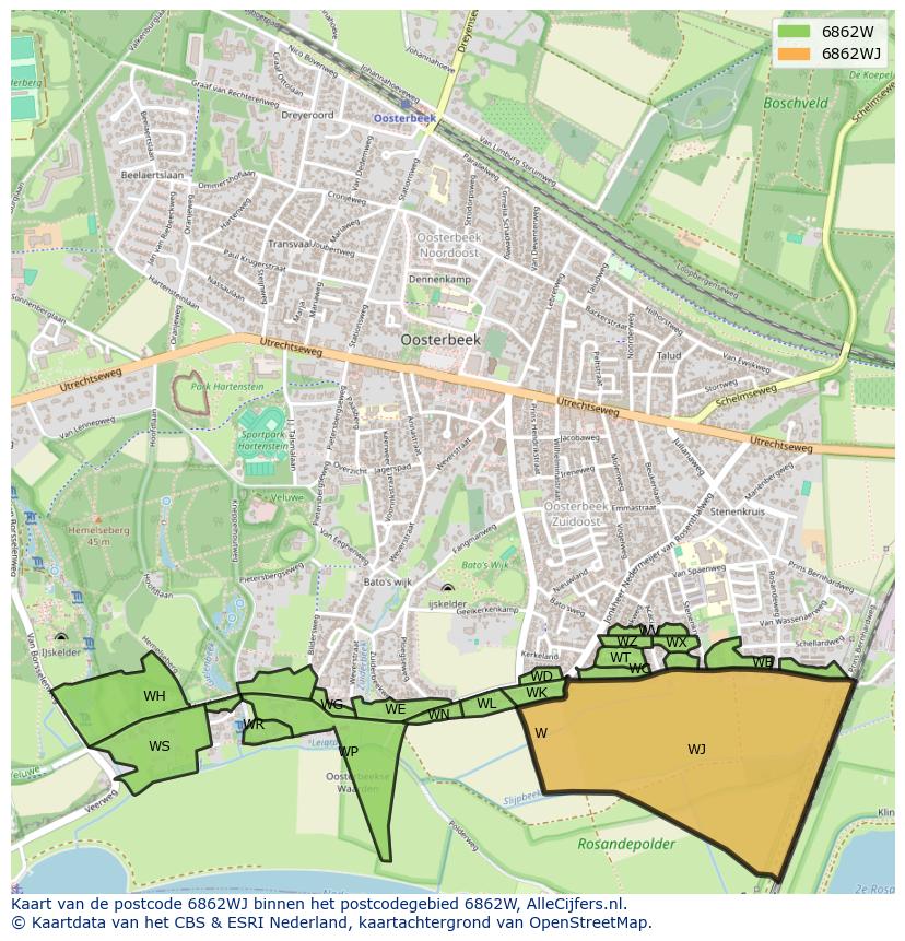 Afbeelding van het postcodegebied 6862 WJ op de kaart.