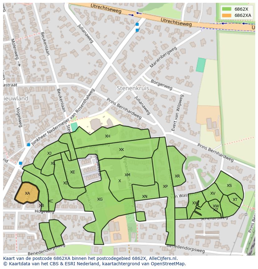 Afbeelding van het postcodegebied 6862 XA op de kaart.
