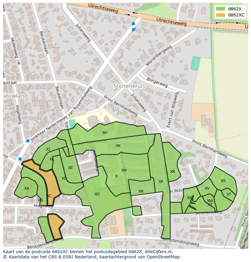 Afbeelding van het postcodegebied 6862 XC op de kaart.