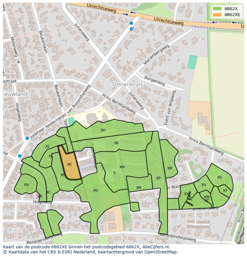 Afbeelding van het postcodegebied 6862 XE op de kaart.