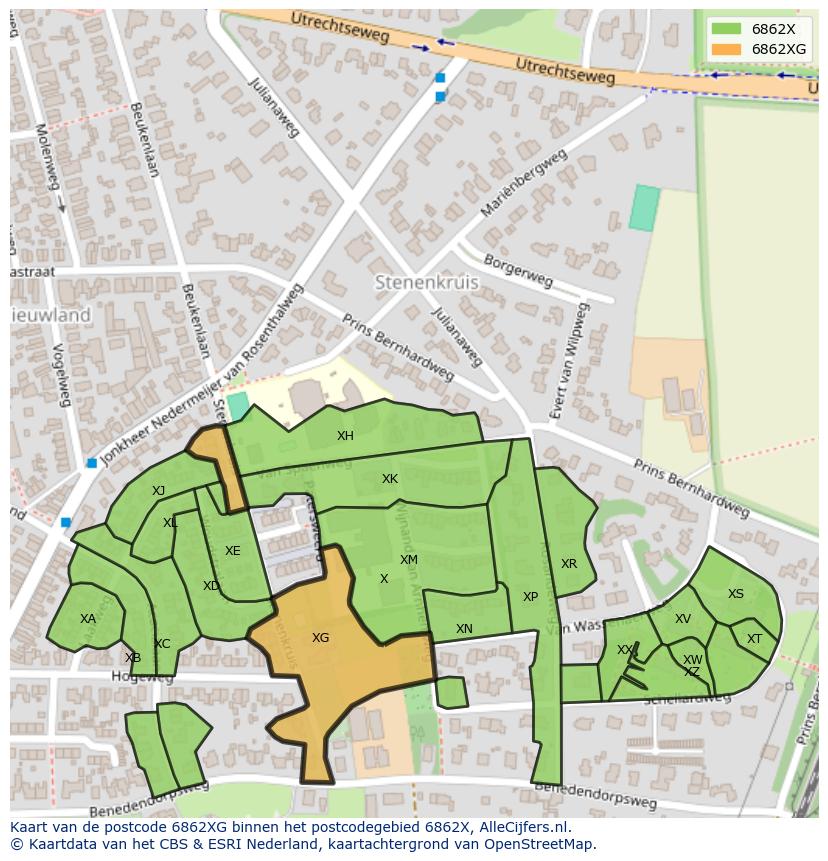 Afbeelding van het postcodegebied 6862 XG op de kaart.