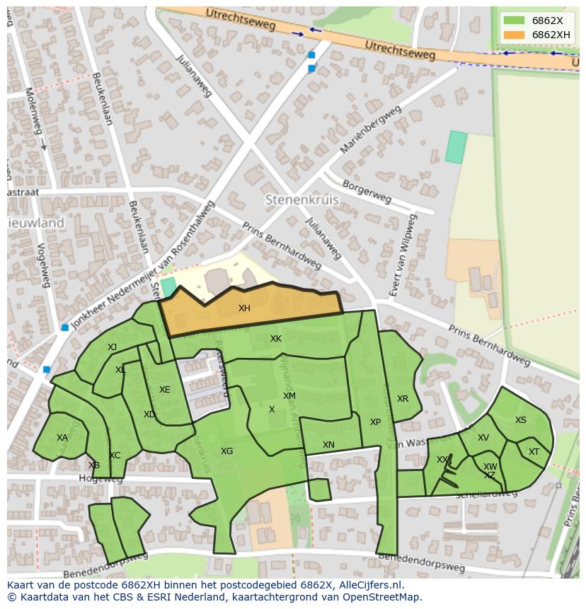 Afbeelding van het postcodegebied 6862 XH op de kaart.
