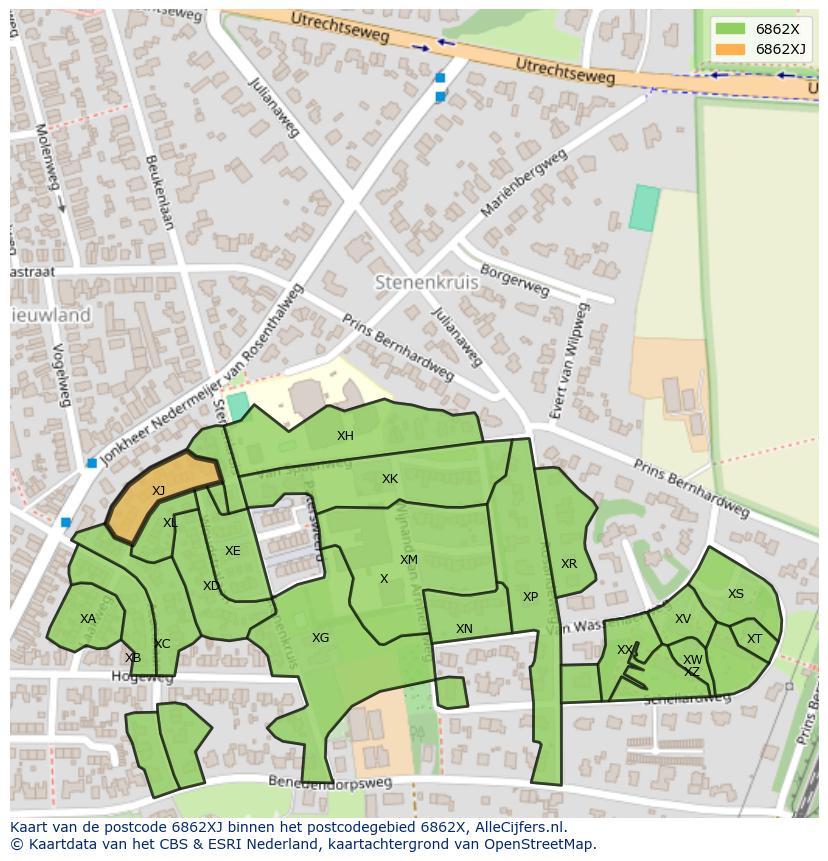 Afbeelding van het postcodegebied 6862 XJ op de kaart.