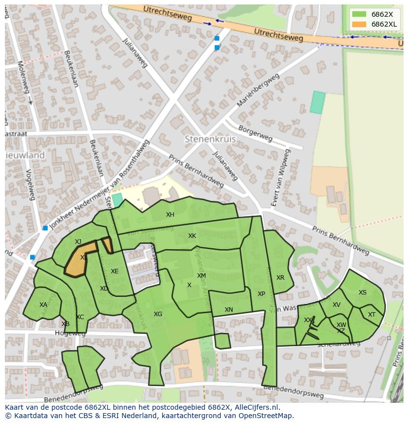 Afbeelding van het postcodegebied 6862 XL op de kaart.
