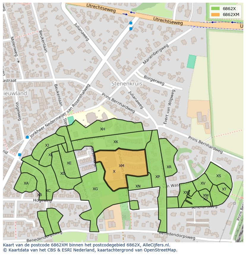 Afbeelding van het postcodegebied 6862 XM op de kaart.