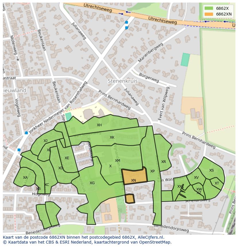 Afbeelding van het postcodegebied 6862 XN op de kaart.