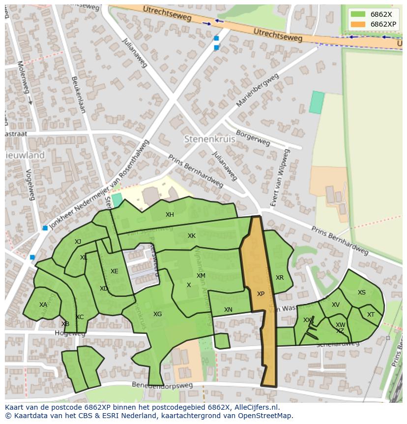 Afbeelding van het postcodegebied 6862 XP op de kaart.