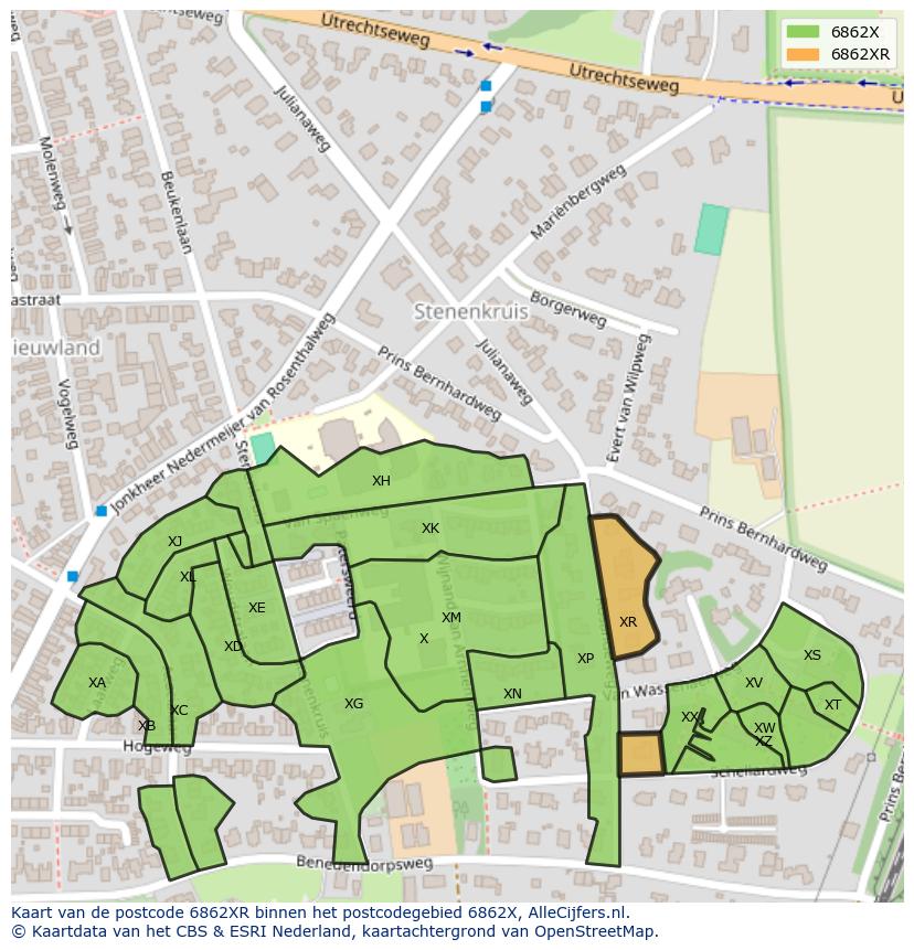Afbeelding van het postcodegebied 6862 XR op de kaart.
