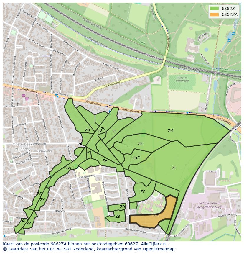 Afbeelding van het postcodegebied 6862 ZA op de kaart.
