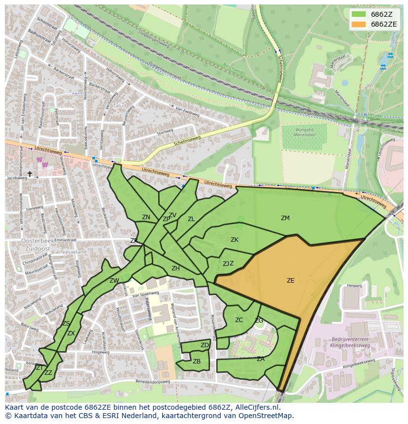 Afbeelding van het postcodegebied 6862 ZE op de kaart.