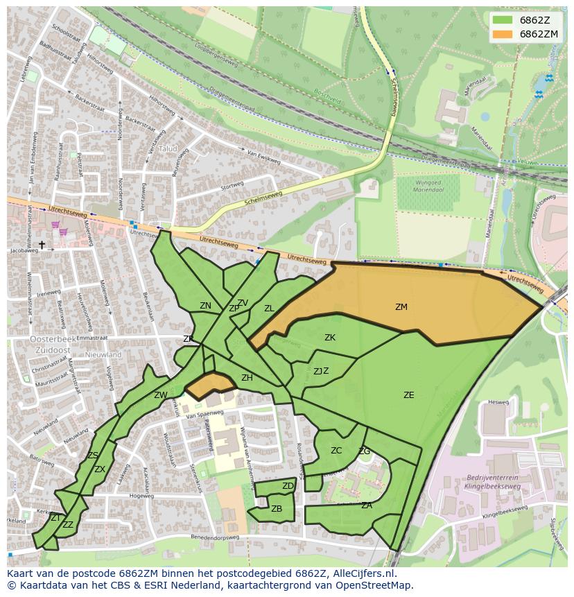Afbeelding van het postcodegebied 6862 ZM op de kaart.