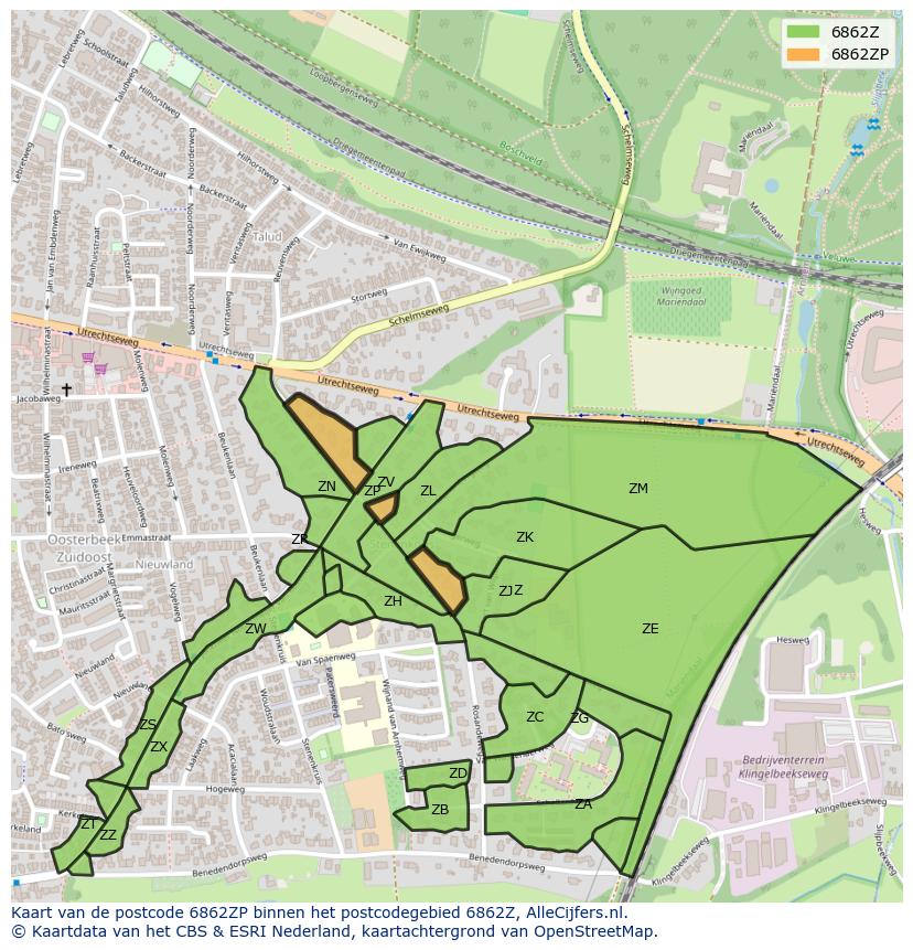 Afbeelding van het postcodegebied 6862 ZP op de kaart.