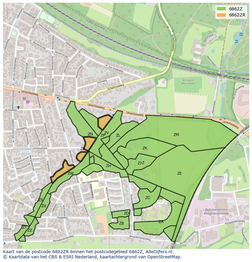 Afbeelding van het postcodegebied 6862 ZR op de kaart.