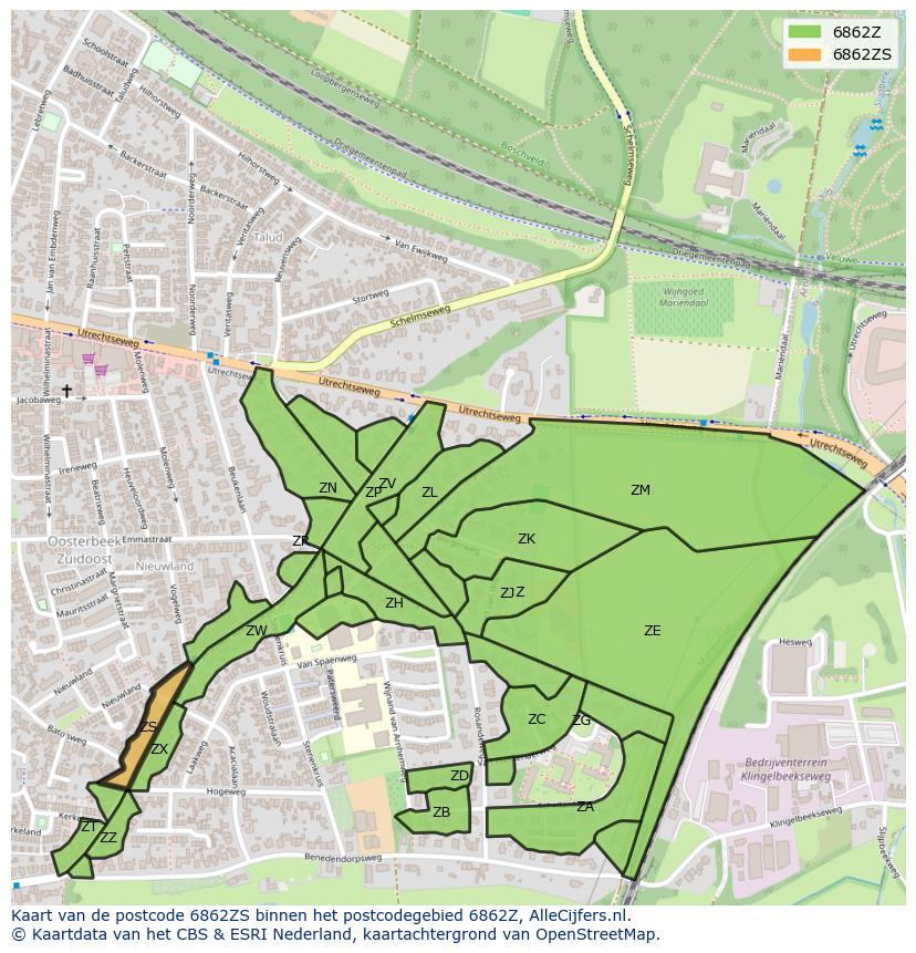 Afbeelding van het postcodegebied 6862 ZS op de kaart.