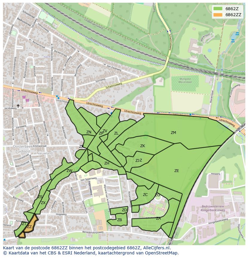 Afbeelding van het postcodegebied 6862 ZZ op de kaart.