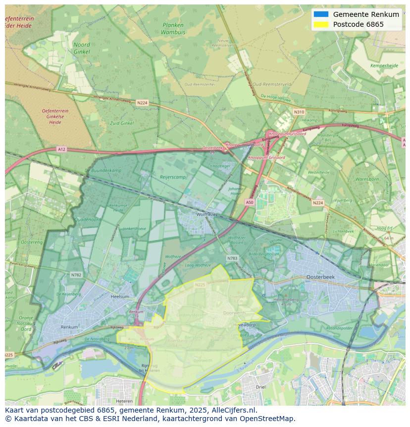 Afbeelding van het postcodegebied 6865 op de kaart.