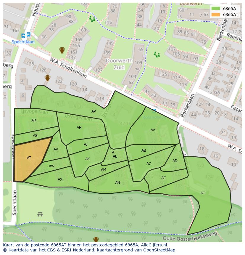 Afbeelding van het postcodegebied 6865 AT op de kaart.