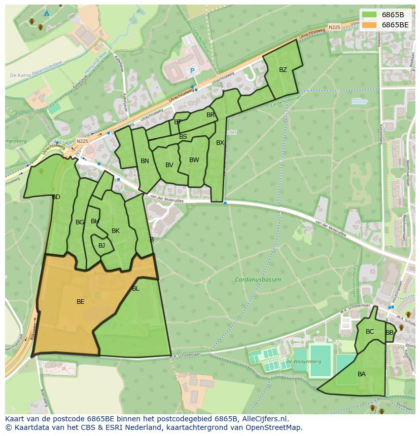 Afbeelding van het postcodegebied 6865 BE op de kaart.