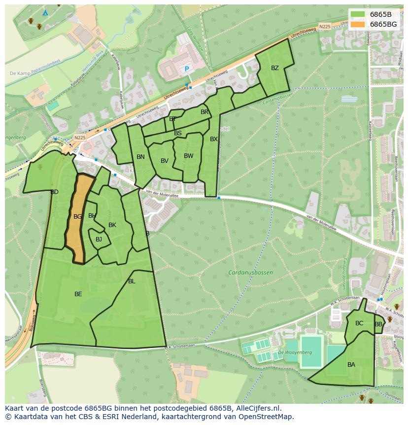 Afbeelding van het postcodegebied 6865 BG op de kaart.