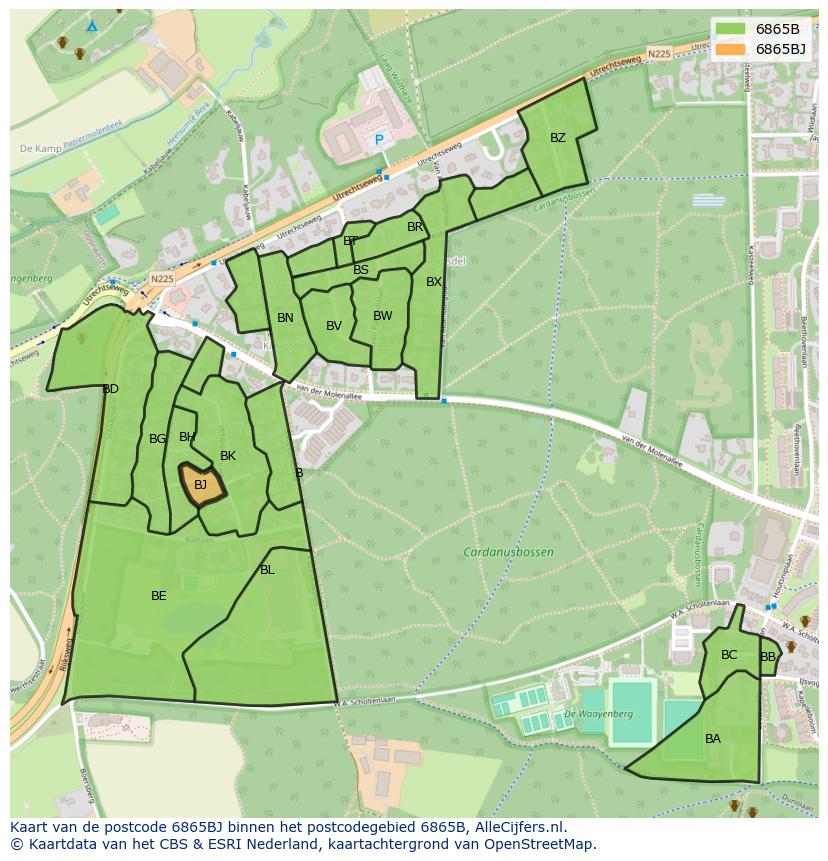 Afbeelding van het postcodegebied 6865 BJ op de kaart.