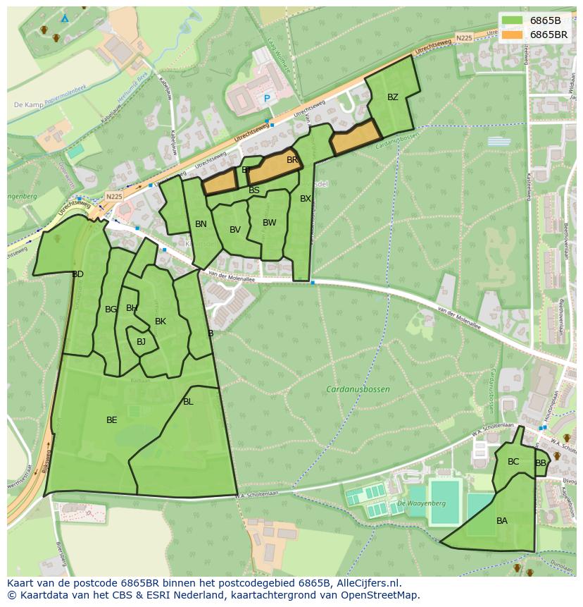 Afbeelding van het postcodegebied 6865 BR op de kaart.
