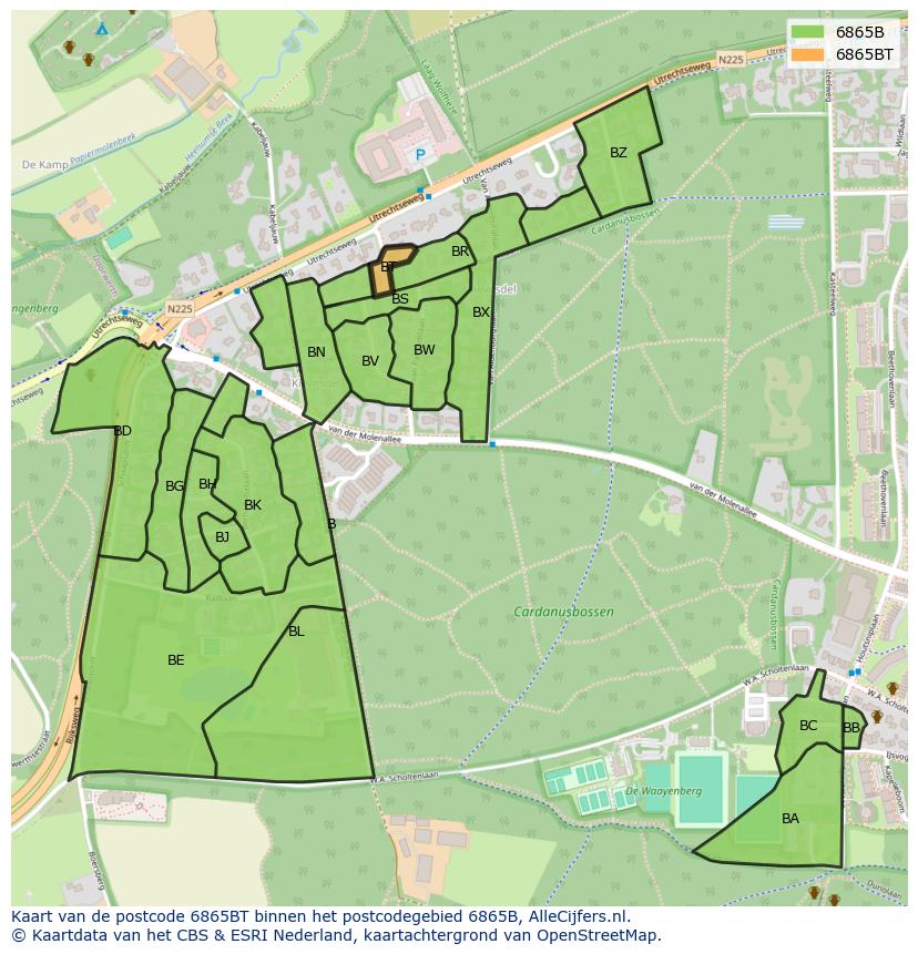 Afbeelding van het postcodegebied 6865 BT op de kaart.