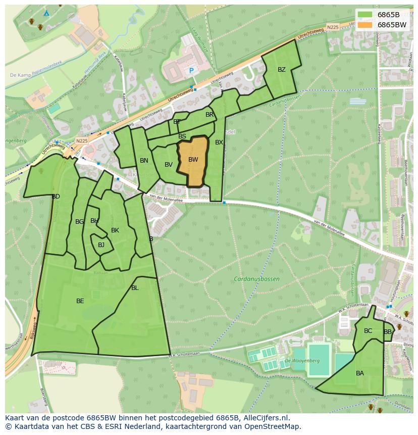 Afbeelding van het postcodegebied 6865 BW op de kaart.