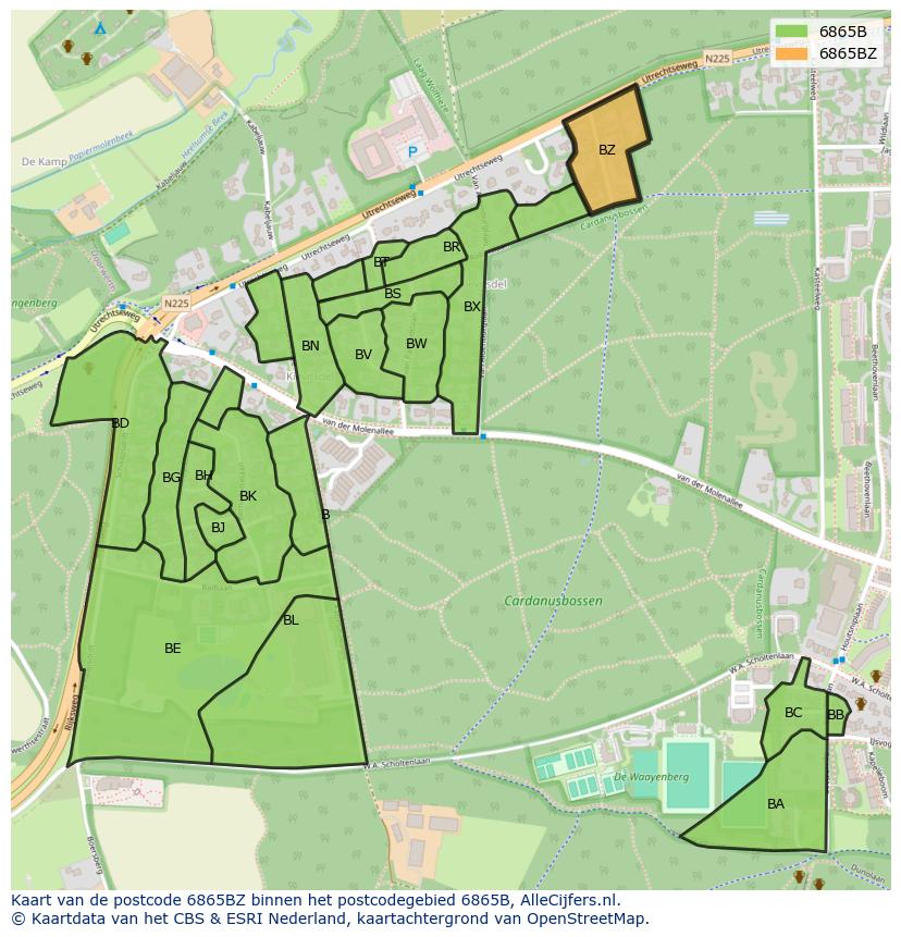 Afbeelding van het postcodegebied 6865 BZ op de kaart.