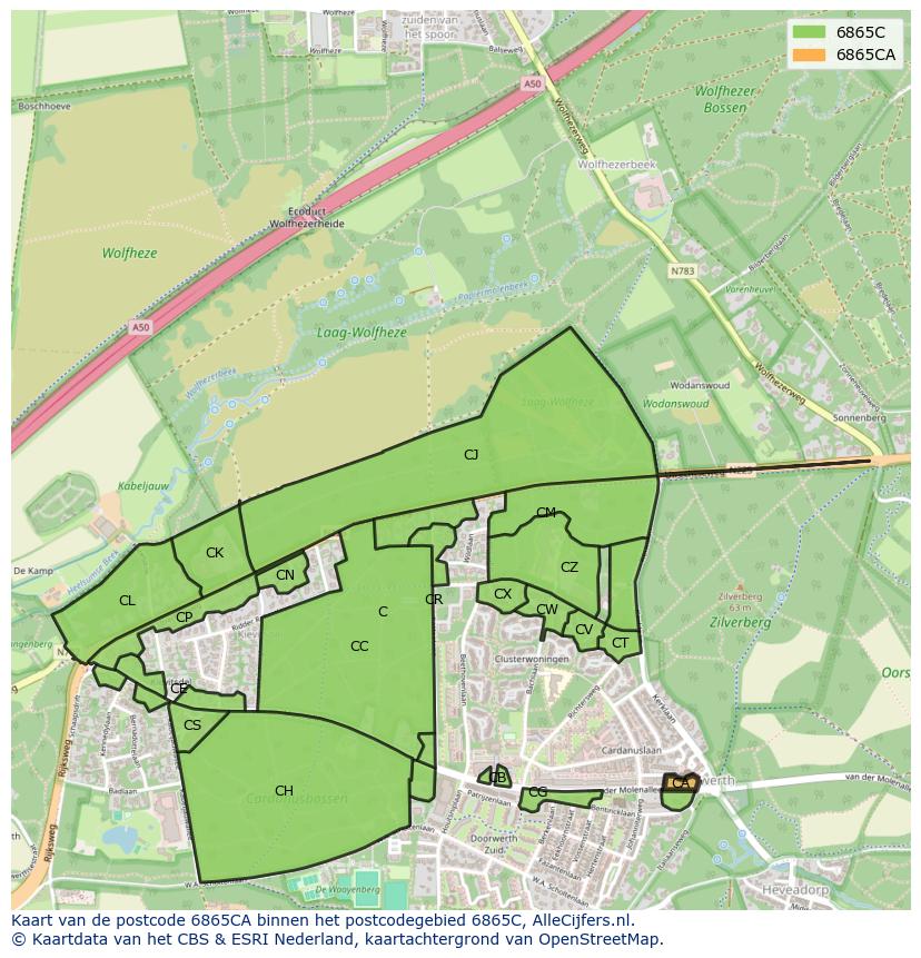 Afbeelding van het postcodegebied 6865 CA op de kaart.