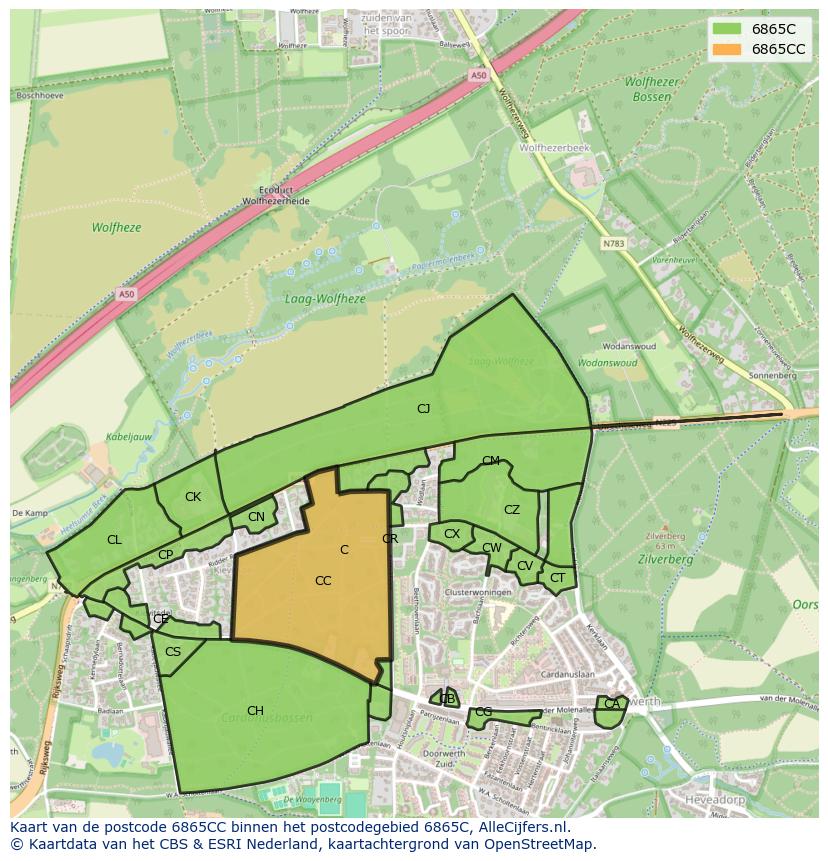 Afbeelding van het postcodegebied 6865 CC op de kaart.